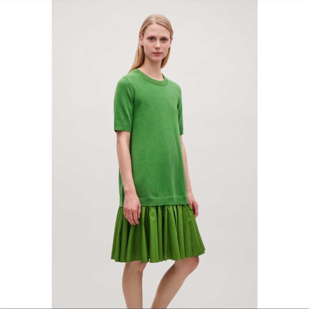 COS Green Pleated Skirt Cotton Knit Dress